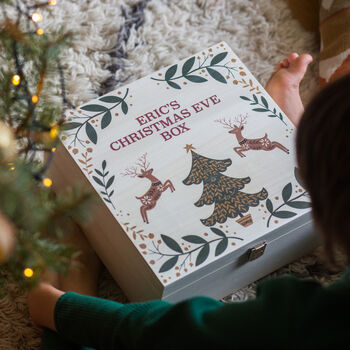 Personalised Reindeer And Tree Christmas Eve Wooden Box, 9 of 10