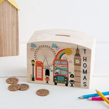 Personalised London Bus Themed Money Pot Piggy Bank, 3 of 7