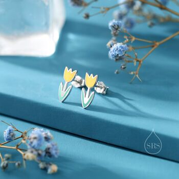 Enamel Tulip Flower Stud Earrings In Sterling Silver, 5 of 12