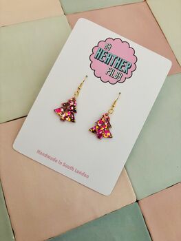 Pink And Gold Christmas Tree Glitter Resin Earrings / Pink Christmas Jewellery / Christmas Gift / Bold Sparkly Pink Holiday Accessory, 12 of 12