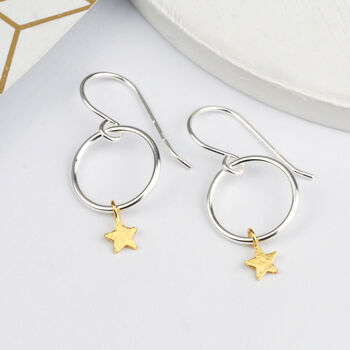 Tiny Sterling Silver Hoop And Gold Star Drop Earrings, 2 of 8