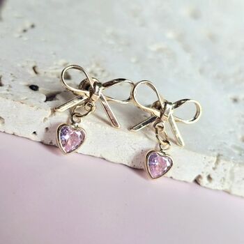 Bow Earrings With Pink Heart Charm, 3 of 4