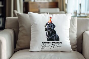 Personalised Black Labrador Birthday Congratulations Party Cushion, 2 of 2