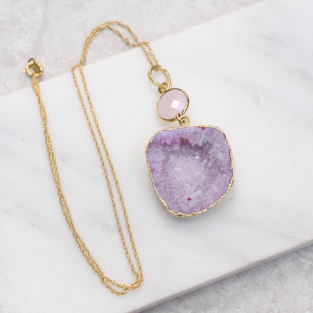 Pink Druzy Geode Gemstone Necklace By Magpie Living