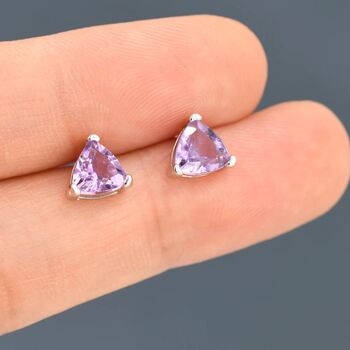 Genuine Amethyst Trillion Cut Stud Earrings, 5 of 9