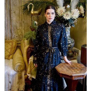 'Ember' Black And Gold Small Geo Print Long Tiered Dress, 2 of 8