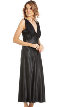 English Made Black Long Satin Nightdress With Lace, 2 of 4