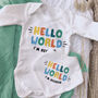 Hello World Gender Neutral Slogan Baby Outfit, thumbnail 3 of 6