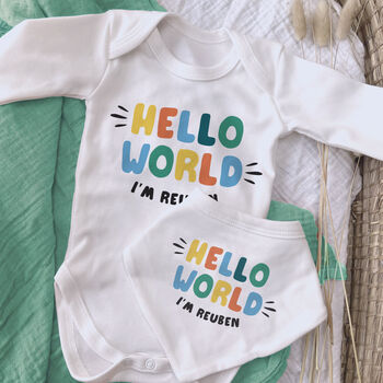 Hello World Gender Neutral Slogan Baby Outfit, 3 of 6