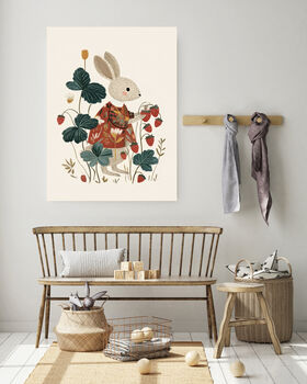 Strawberry Picking Rabbit Nursery Art Print, 2 of 4