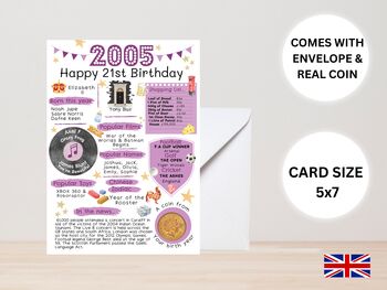 21st Birthday Card With 2005 Coin And Envelope Choose Your Colour, 2 of 3