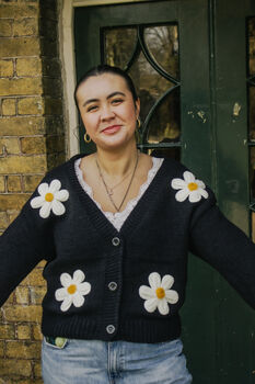 Black Crochet Bobble Applique Relaxed Daisy Cardigan, 2 of 8