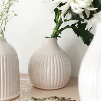 Set Of Three Small Grooved Bud Vases, H10cm/12.5cm, 4 of 5
