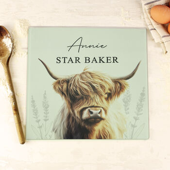 Personalised Highland Cow Glass Chopping Board, 3 of 3