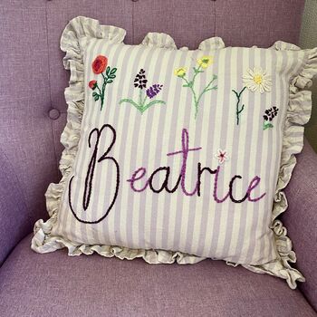 Hand Embroidered Personalised Cushion Lilac, 3 of 8