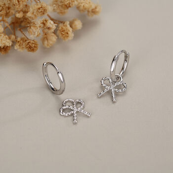 Sterling Silver Bow Charm Hoop Earrings, 4 of 12