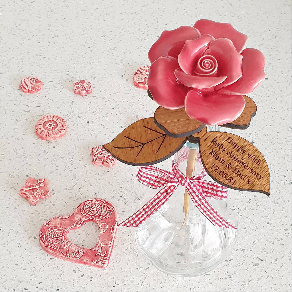 Handmade Pottery Valentine Red Rose In Vase, 1 of 7