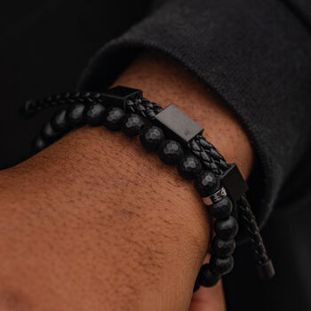 Men's Black Adjustable Leather Bracelet 'Triple', 5 of 6