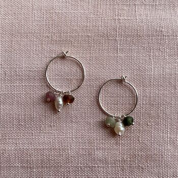 Rice Pearl Tourmaline Trio Sterling Silver Hoops, 2 of 6