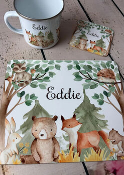 Kids Personalised Woodland Placemat, Coaster And Mug Dinner Set, 7 of 7