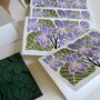 Linocut Violet Flowers Notecards Set Of Eight, thumbnail 3 of 4