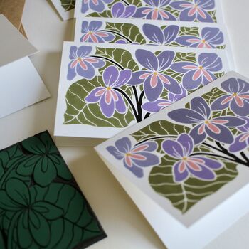 Linocut Violet Flowers Notecards Set Of Eight, 3 of 4