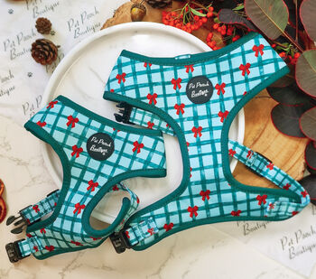 Festive Plaid Christmas Dog Harness With Optional Set, 3 of 9