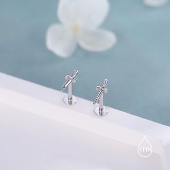 Tiny Dagger Sword Internally Threaded Flat Back Earrings In Sterling Silver, 2 of 12