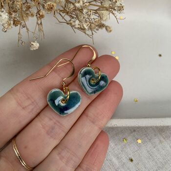 Medium Green Blue Dainty Ceramic Heart Earrings, 8 of 10