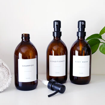 Set Of Three Amber Bathroom Bottles Choice Of Metal Pump Colour, 4 of 11