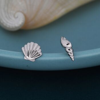 Sterling Silver Mismatched Tiny Seashell Stud Earrings, 2 of 11