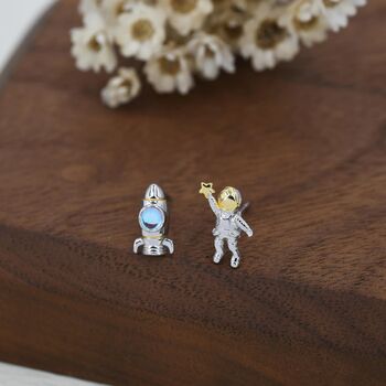 Mismatched Astronaut And Rocket Stud Earrings In Sterling Silver, 2 of 12