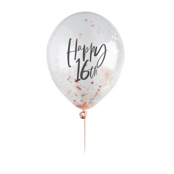 Five Rose Gold 'Happy 16th' Birthday Confetti Balloons, 2 of 2