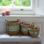Straw And Corn Basket Green Stripe With Handles, thumbnail 1 of 3