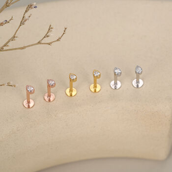 Sterling Silver Tiny Teardrop Cz 16 G Flat Back Labret Earrings, 2 of 11