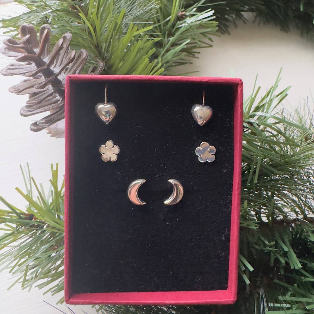 Heart Flower And Moon Three Pairs Of Sterling Silver Earrings, 1 of 3
