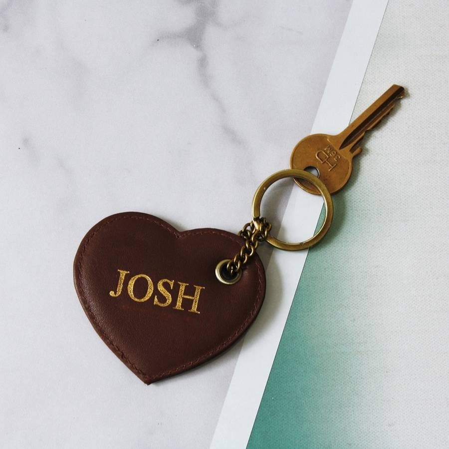 Image of Personalised Leather And Brass Heart Keyring, Grey/Tan/Blue