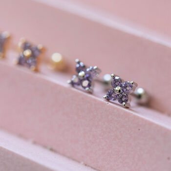 Tiny Amethyst Clover Stacking Stud Earrings, 4 of 5