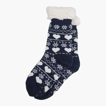 Women's Long Slipper Socks Grip Sole Fair Isle Navy Blue, 2 of 3