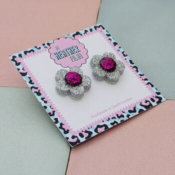 Flower Glitter Resin Stud Earrings Silver, Green And Blue, 2 of 12