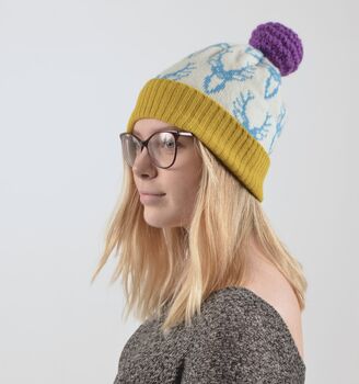 Stag Head Knitted Beanie Bobble Hat, 8 of 11