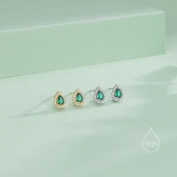 Tiny Emerald Green Droplet Cz Halo Stud Earrings, 6 of 11