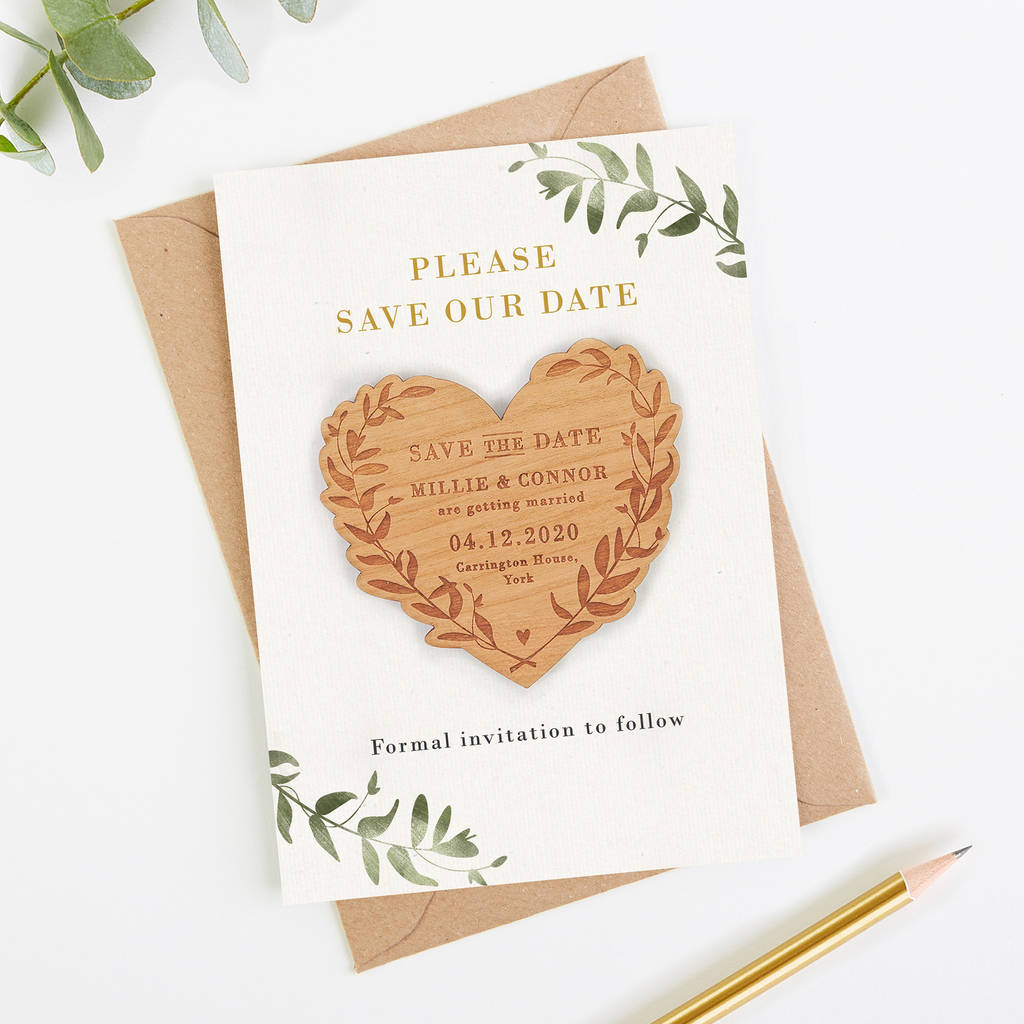 Greenery Botanical Save The Date Wooden Magnet, 1 of 5
