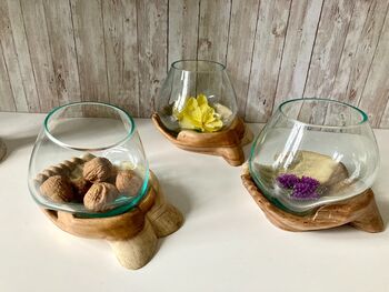 19cm Double Hand Hope Molten Glass Bowl On Teak Root, 3 of 9