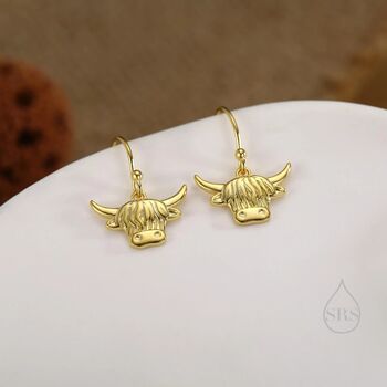 Sterling Silver Highland Cow Drop Dangling Hook Earrings, 4 of 11