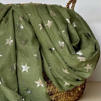 Silver Glitter Stars Scarf In Olive Green, 2 of 4