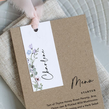 Periwinkle Kraft Wedding Menu Cards With Guest Name Tags And Ribbon, 2 of 7