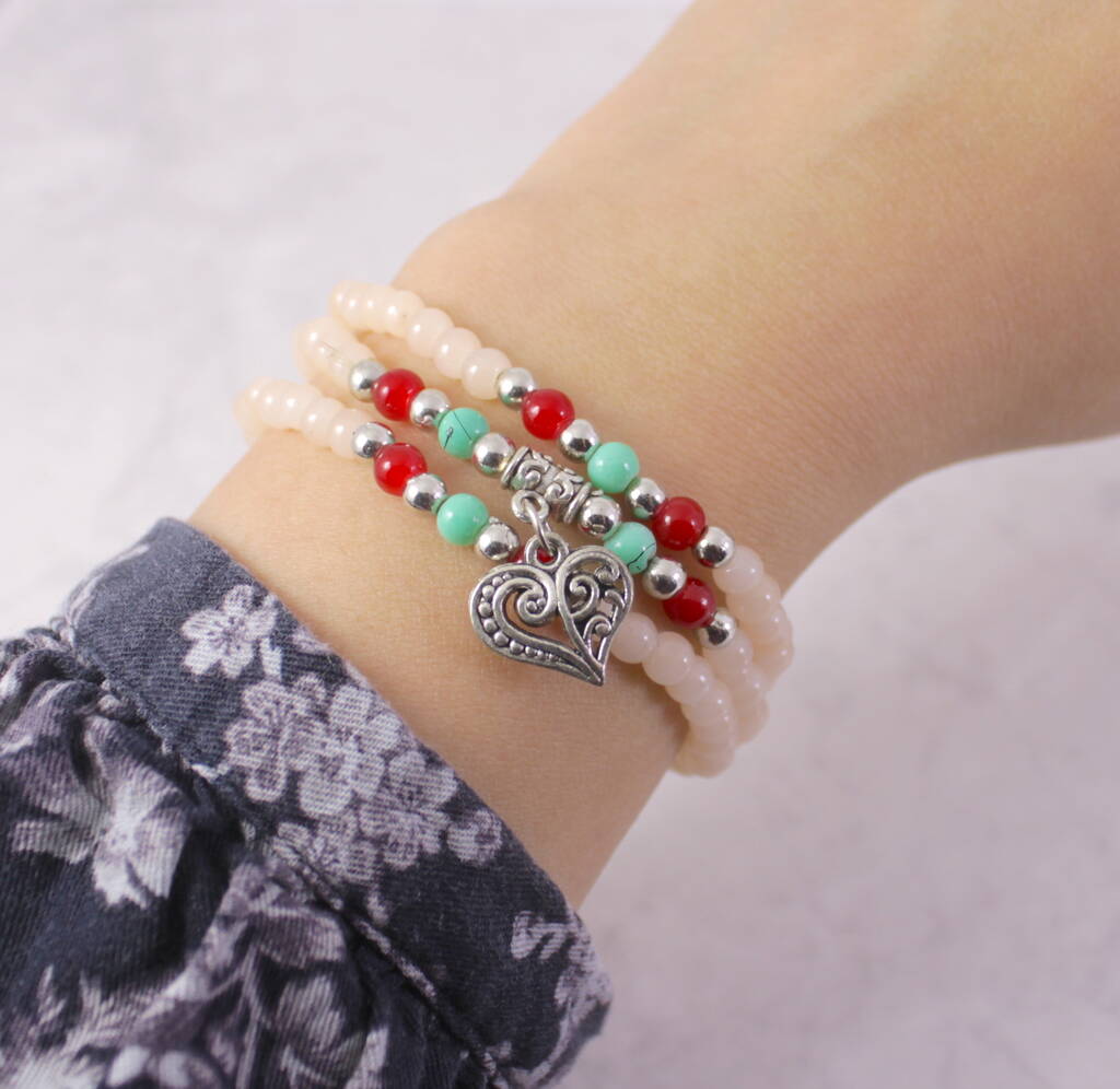 Heart Charm Beaded Wrap Bracelet By Lucy Loves Neko | notonthehighstreet.com