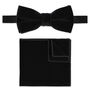 Mens Black Velvet Bow Tie And Pocket Square Set, thumbnail 1 of 4