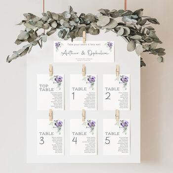 Wedding Seating Plan Cards Deep Purple Floral, 6 of 6